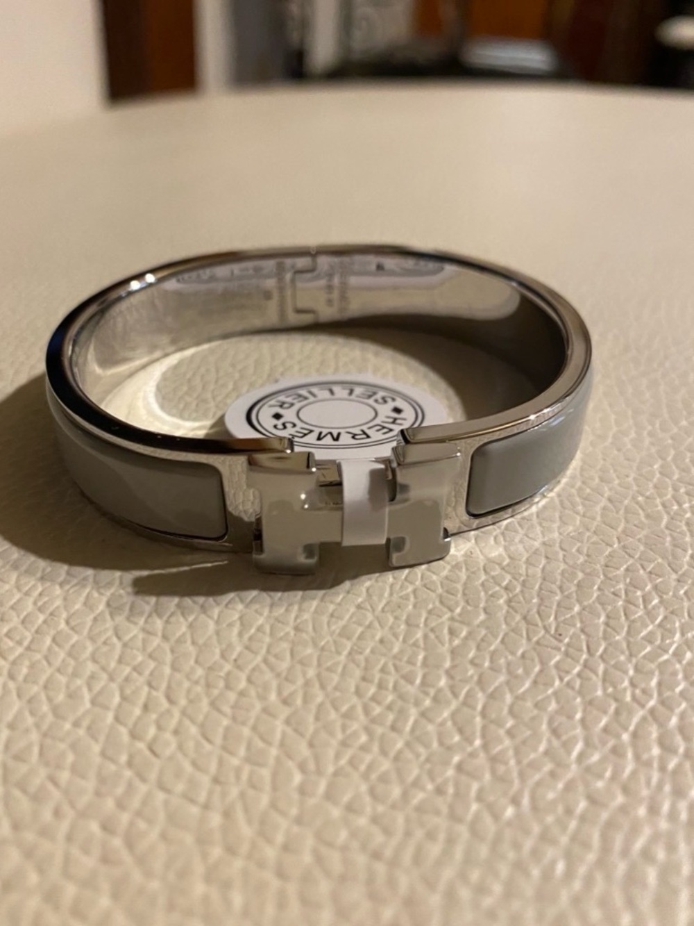Hermes grey enamel silver bangle bracelet Turn H logo clasp